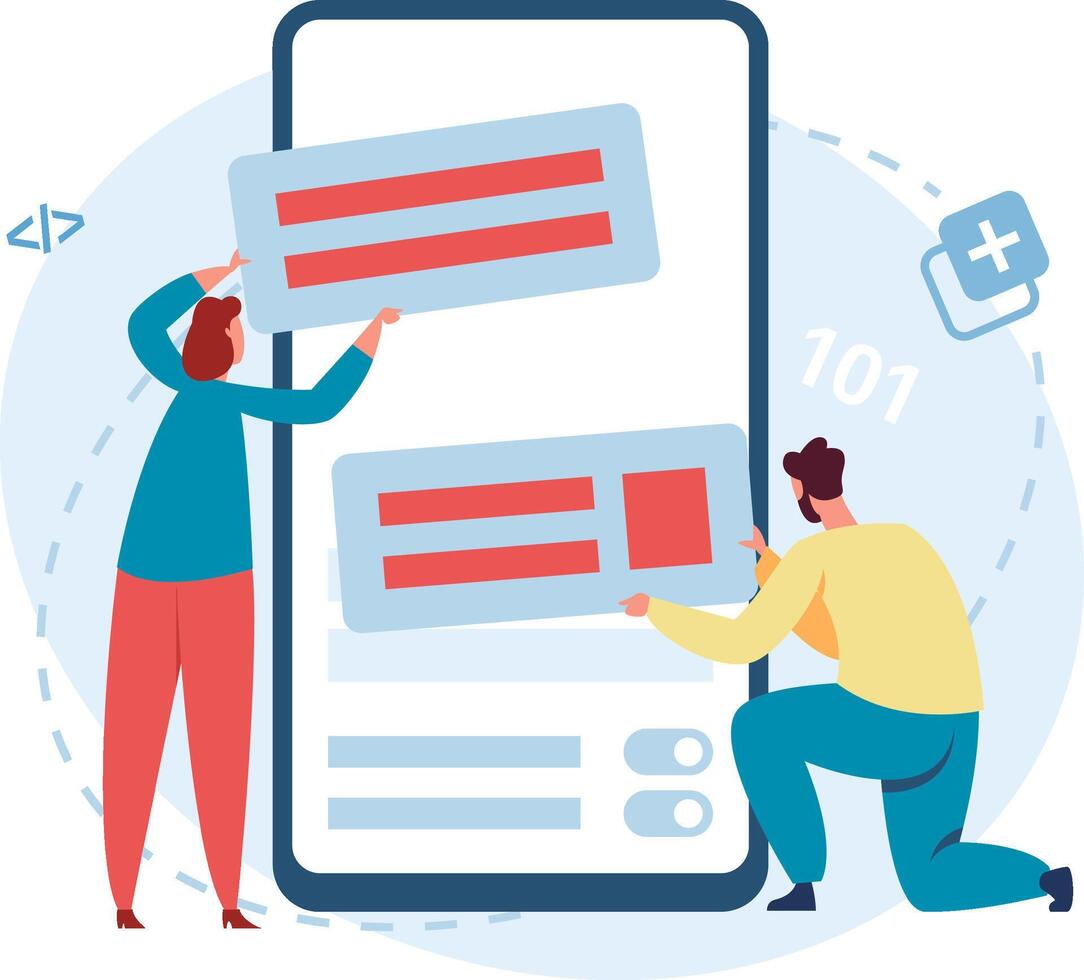 Developers building mobile application user interface on smartphone vector