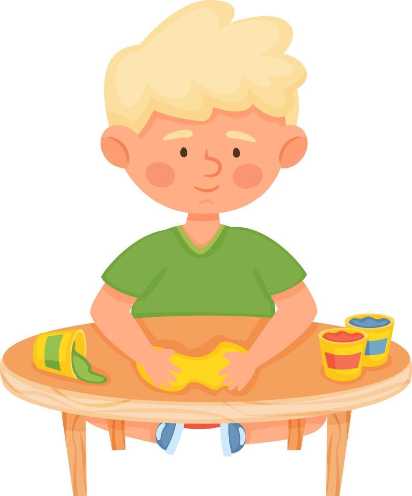 Boy playing with modeling clay at table vector