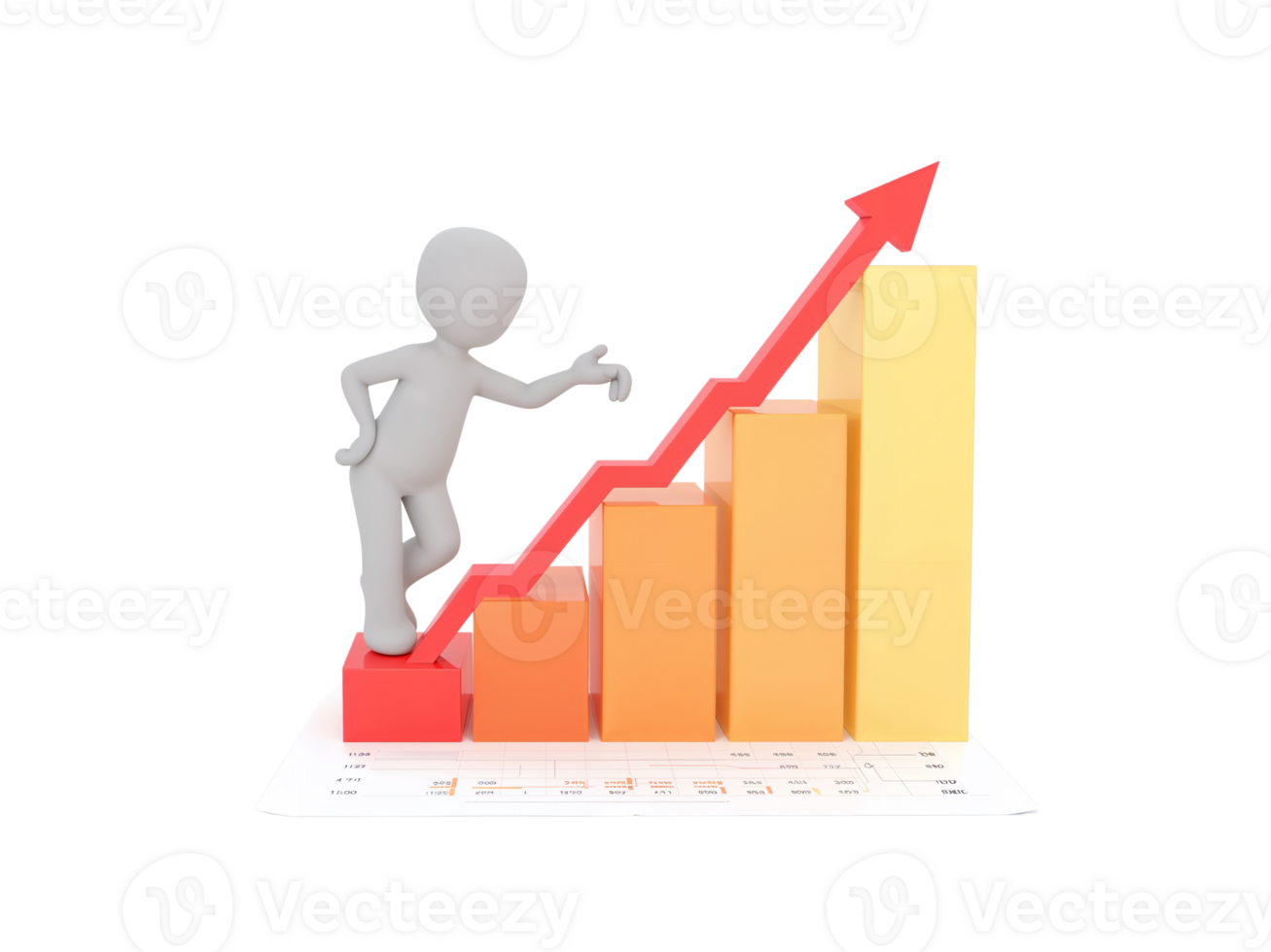 Conceptualization of financial progress with a person climbing a bar graph with an arrow showing png
