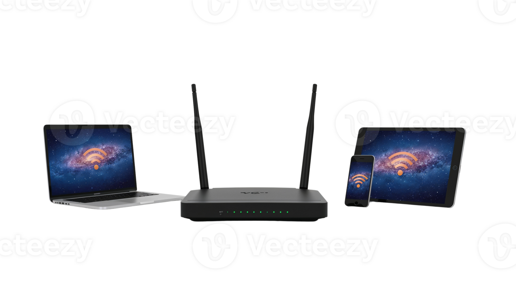 Modern wireless network router and devices featuring sleek design isolated on transparent backdrop png
