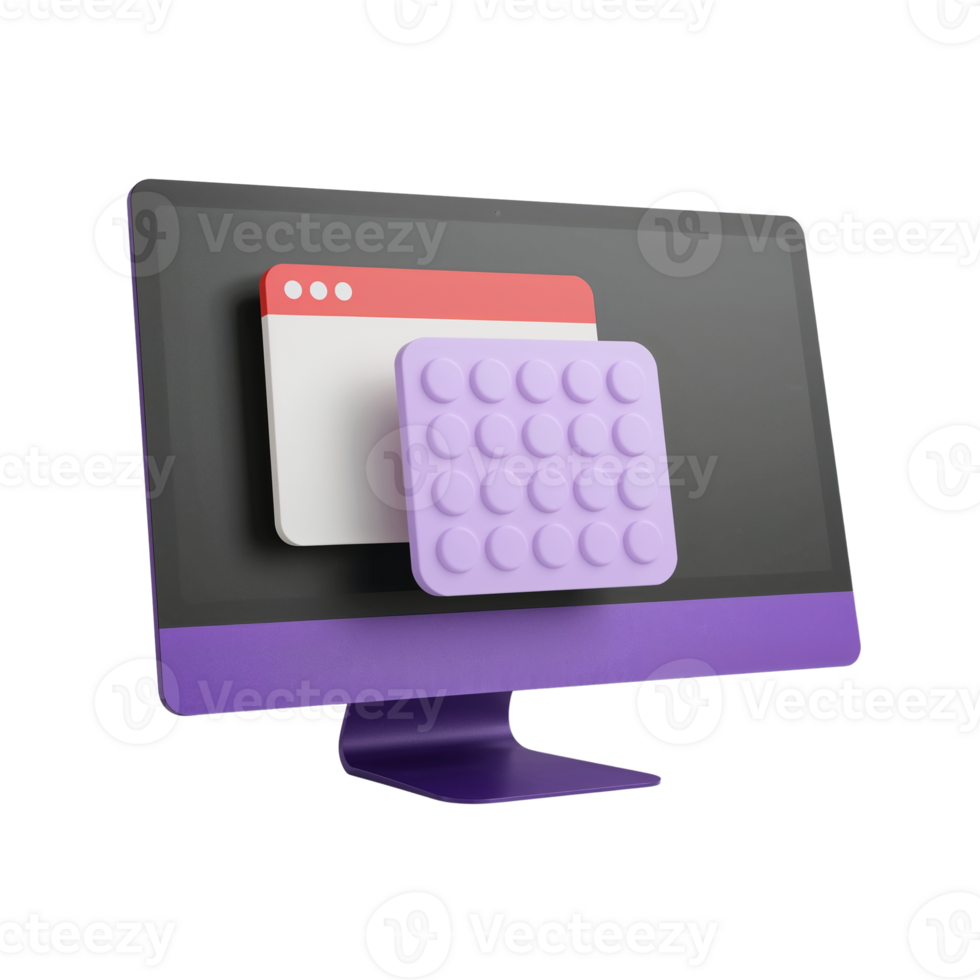 Stylized computer display showcasing a modern interface with floating design elements on png