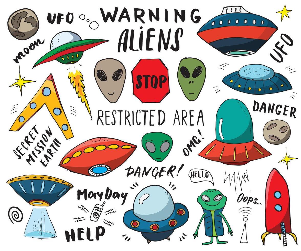 Colorful alien and UFO illustration vector