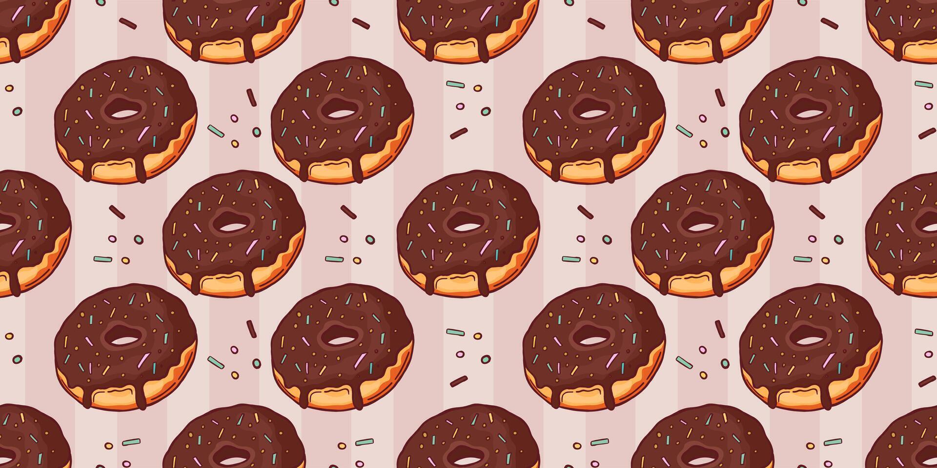 Hand-drawn seamless pattern featuring chocolate donuts with colorful sprinkles on a striped background, perfect for background, textile, and packaging vector