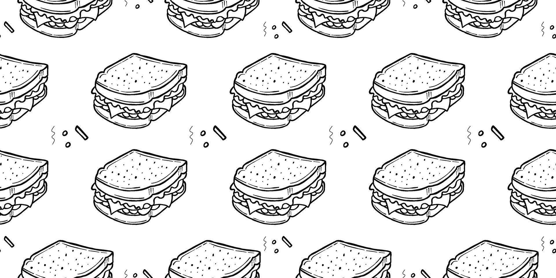 Hand drawn seamless sandwich pattern in line art style. A simple repeating food pattern suitable for background, textiles, restaurant material, label, and packaging vector