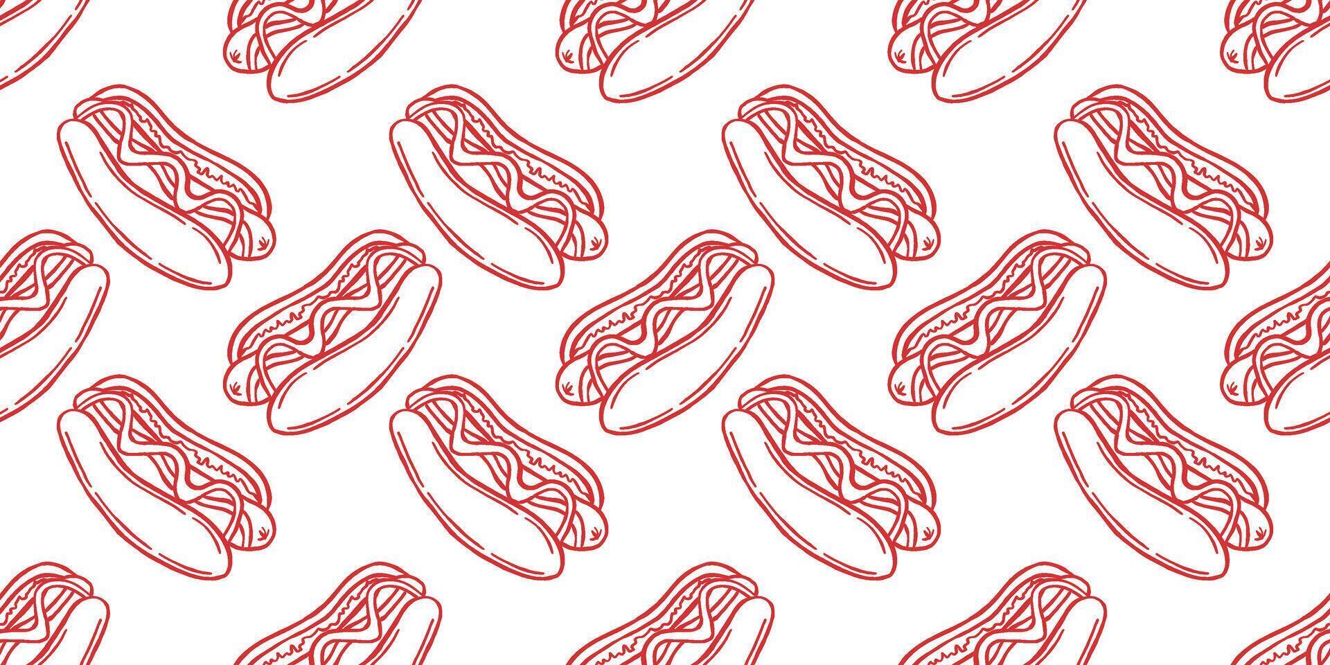 Simple line art hotdog seamless pattern on white background, perfect for textile, packaging, menu, and background vector