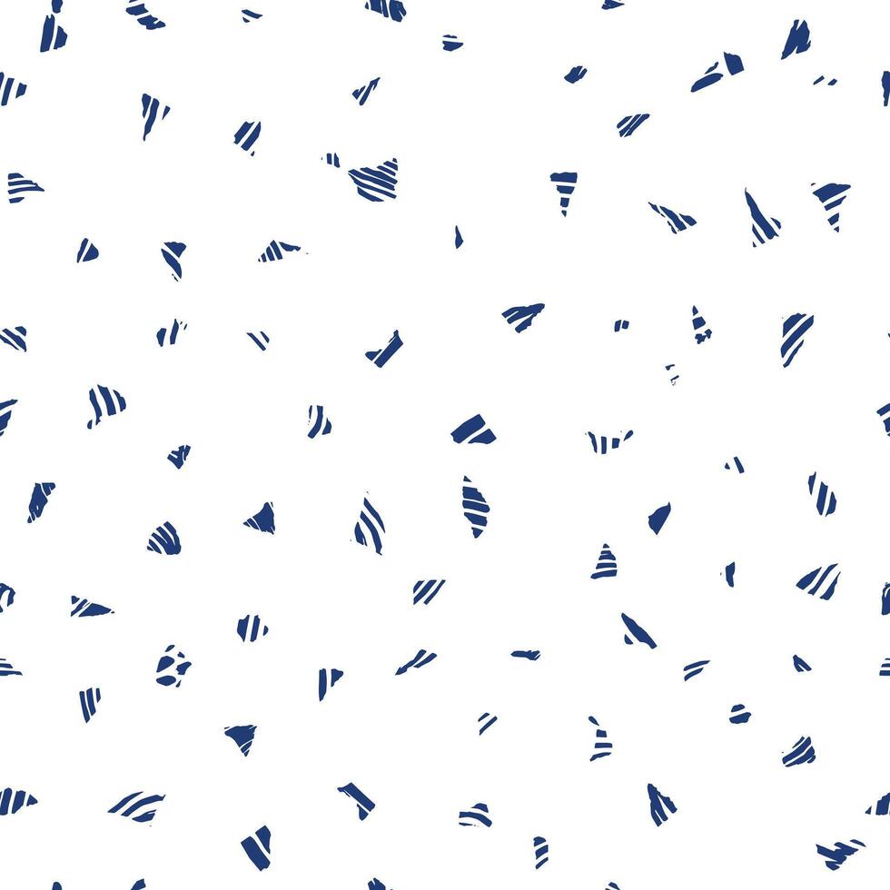 Abstract seamless pattern featuring scattered, small, hand-drawn brush stroke fragments in deep indigo blue on a clean white background. Modern, random, confetti-like surface design. vector