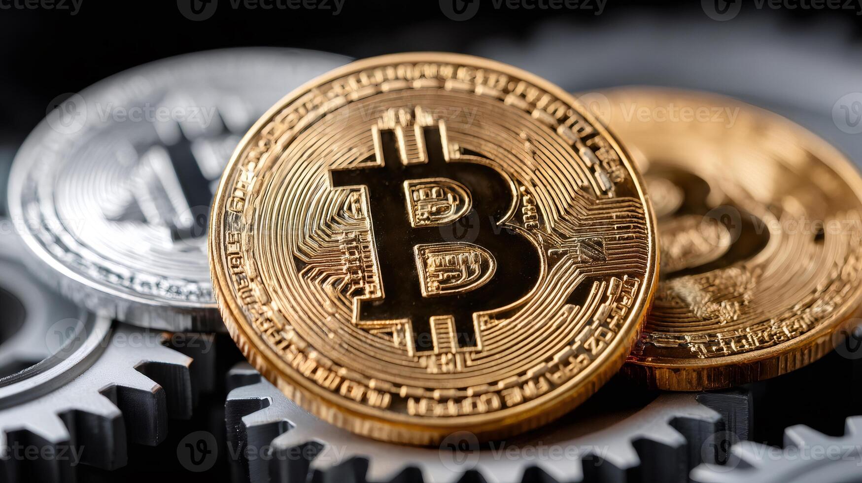 Bitcoin cryptocurrency mechanism on gears representing blockchain technology photo