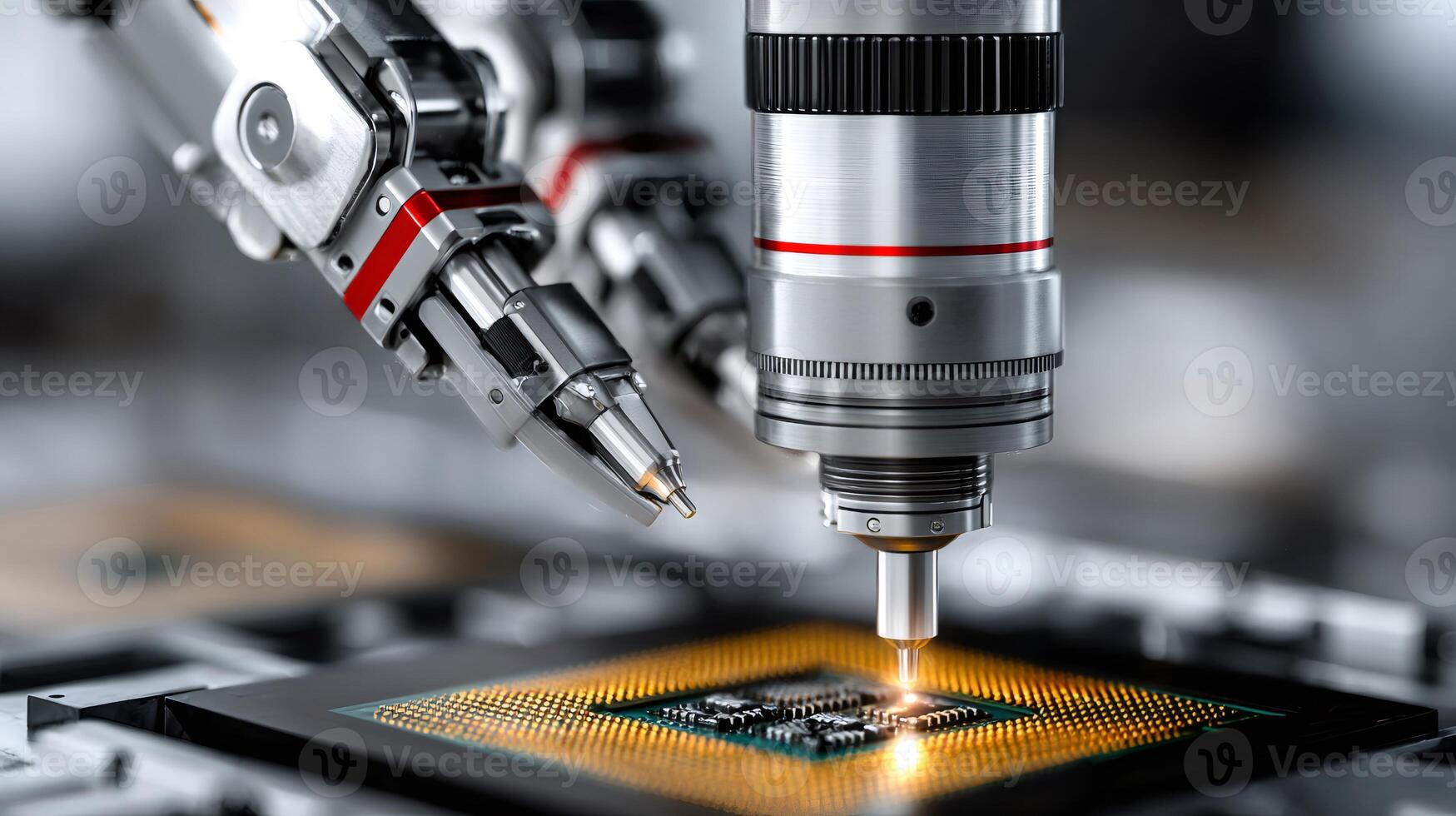 Robotic arm assembling microchip processor with precision photo