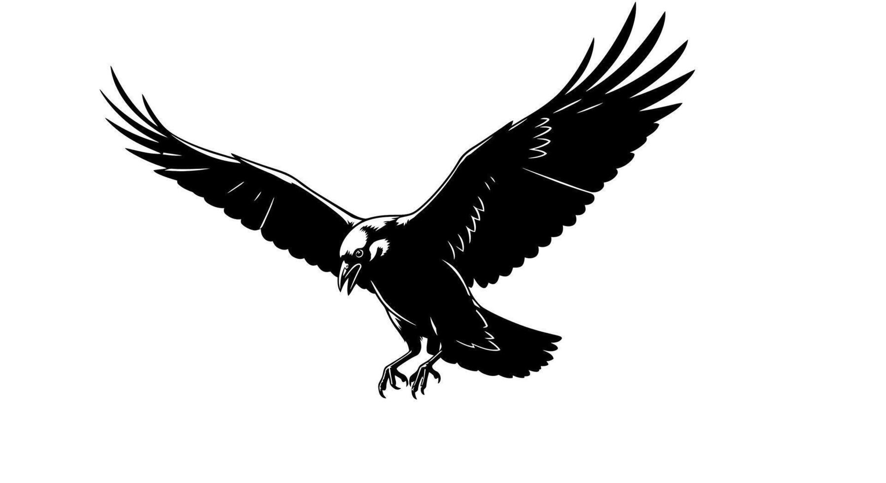 A black and white illustration of a bird with open wings on transparent background vector