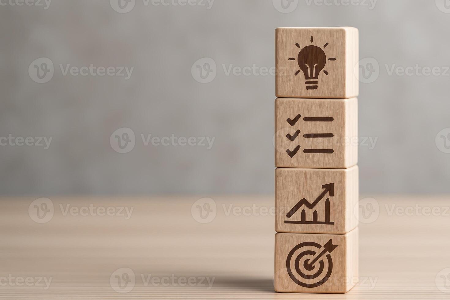 2026 roadmap planning concept with wooden blocks showing idea checklist growth and target symbols on wooden table with blurred background photo