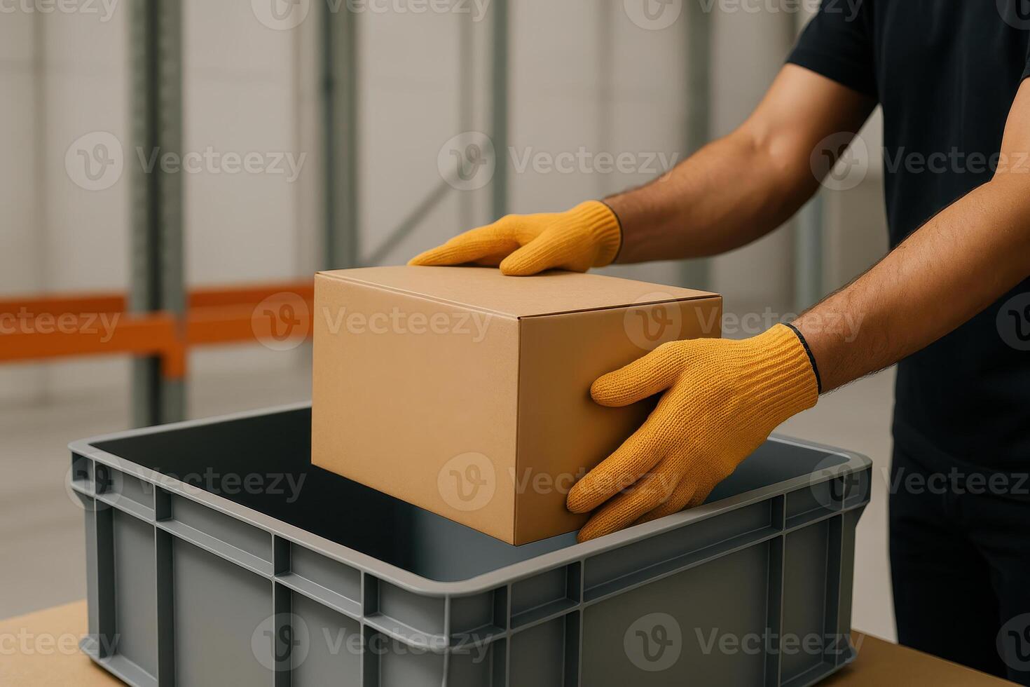 Efficient logistics in warehouse setting is crucial for ecommerce success, as shipping processes rely on careful handling of packages. This captures worker placing box into container photo