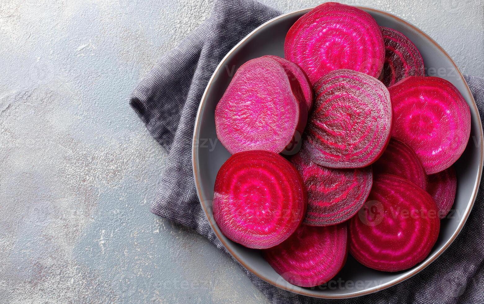 Freshly sliced beets showcase vibrant colors and unique patterns, highlighting their health benefits and versatility in food preparation. These nutritious vegetables can enhance various dishes photo