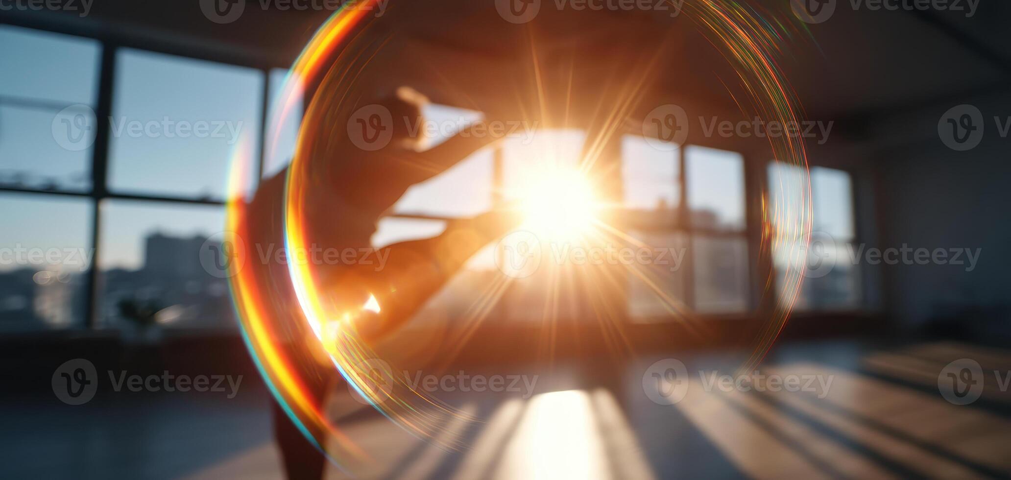 Person practicing exercise in bright studio, emphasizing wellness and vitality. sunlight creates beautiful lens flare, enhancing serene atmosphere of space photo