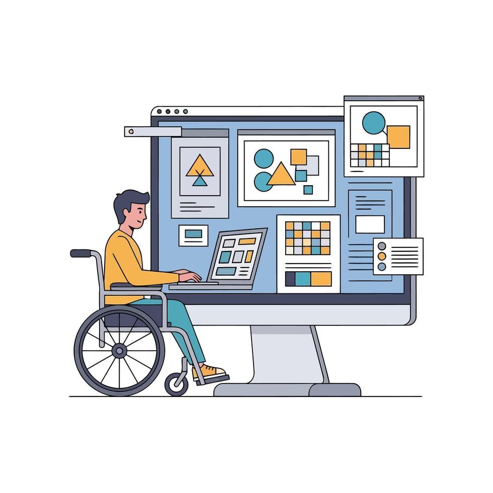 Person in Wheelchair Working on a Computer with Graphic Design Elements vector