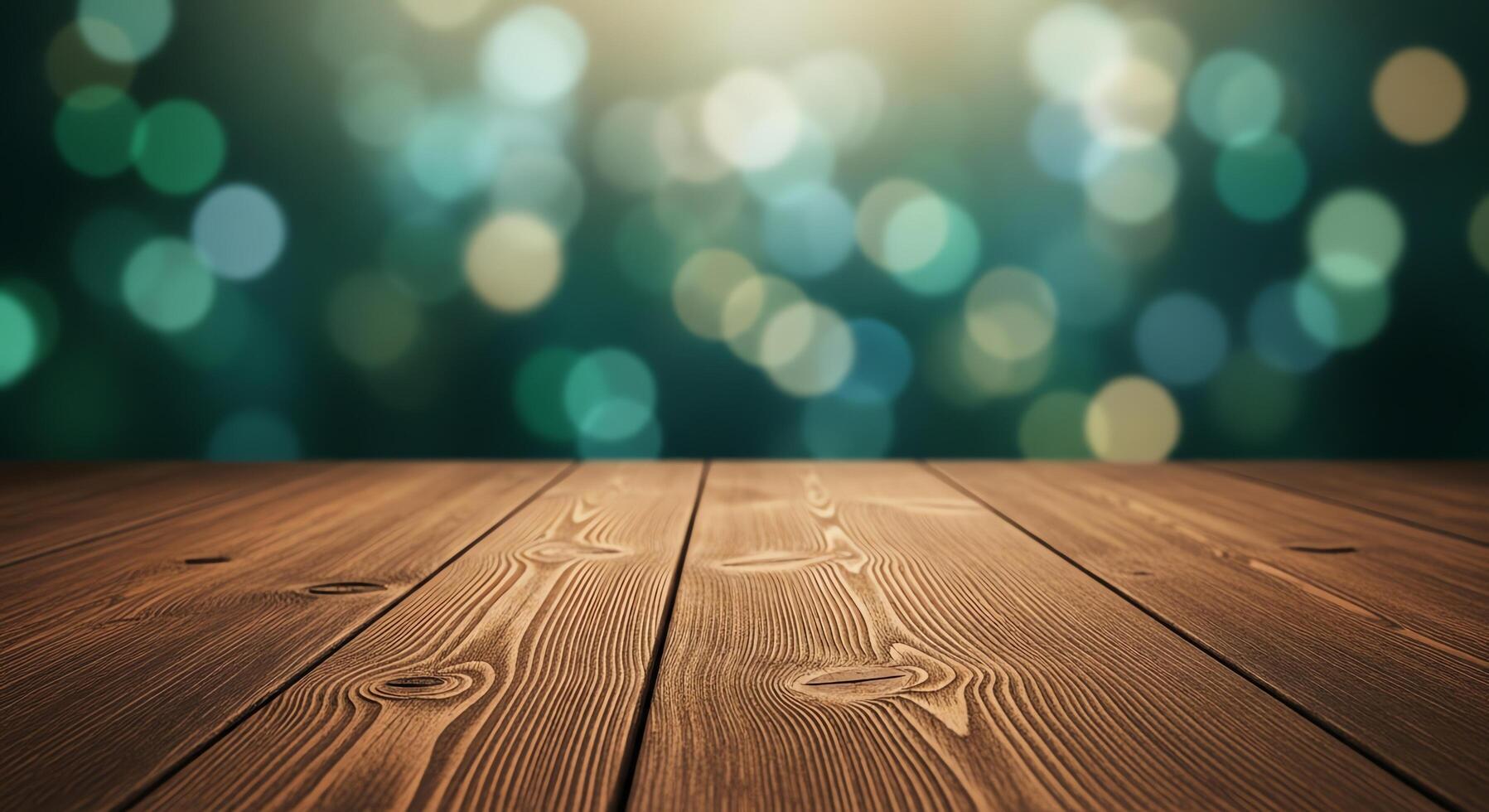 Liminal Space A Rustic Wooden Table with Bokeh Lights in the Background, Evoking a Sense of Calm and Transition photo