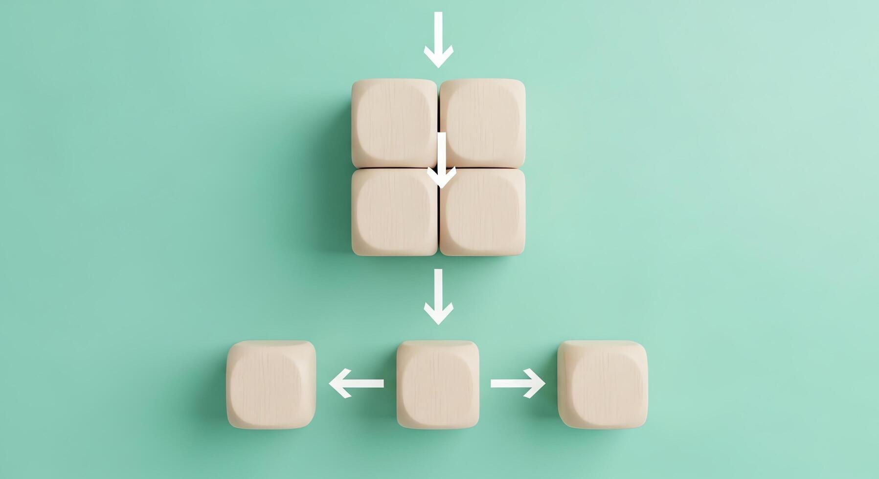 Conceptual Flowchart of Four Cubes Leading to Three Cubes on a Teal Background photo