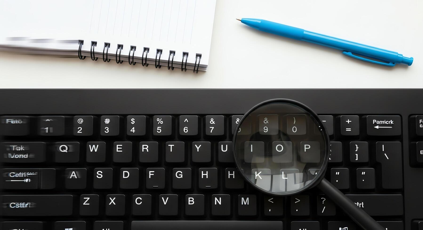 Close-up of a computer keyboard with a magnifying glass and a notepad for research photo