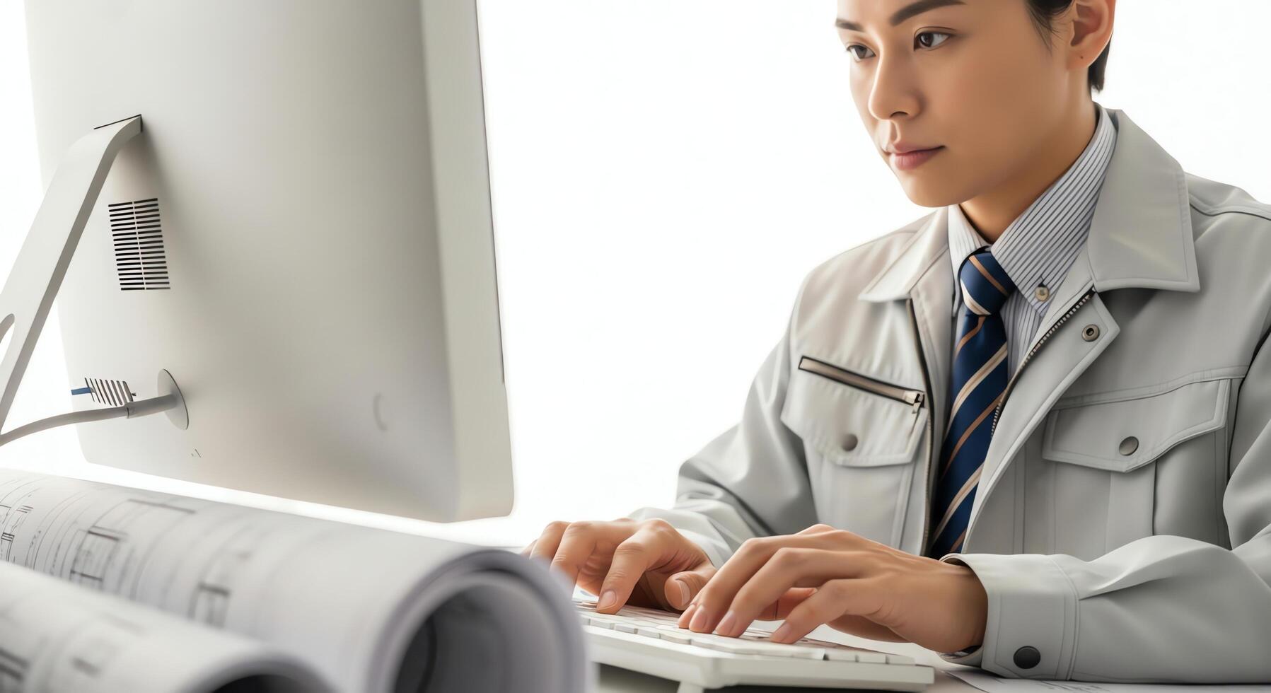 Skilled engineer working on a computer with blueprints in the foreground photo