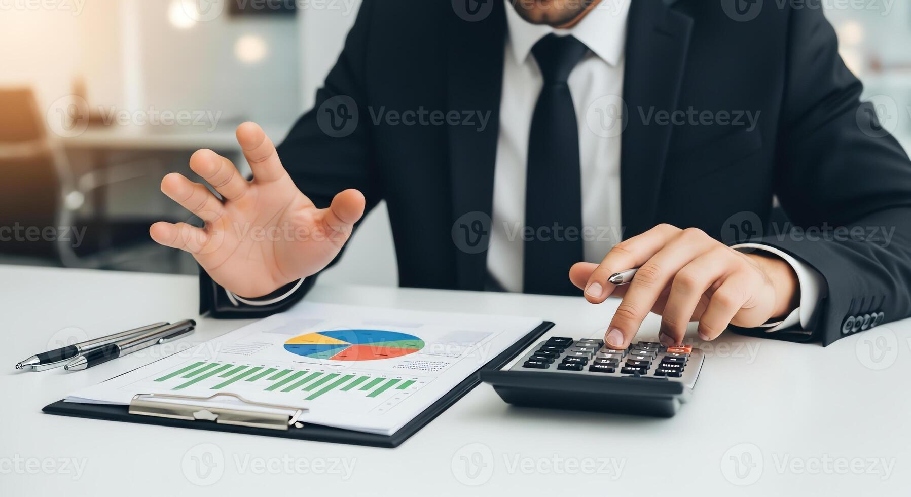 Accountant calculating financial data using calculator and charts for business analysis photo