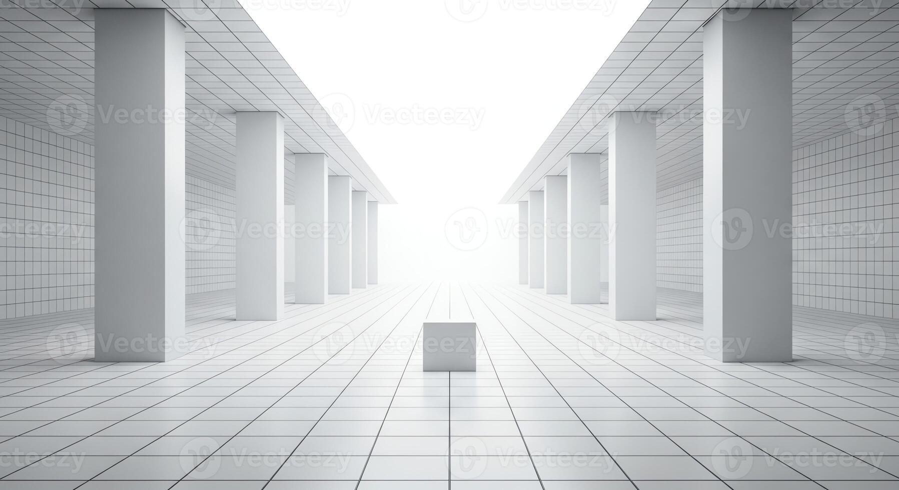 A liminal space of white tiled columns and a single cube in the center photo