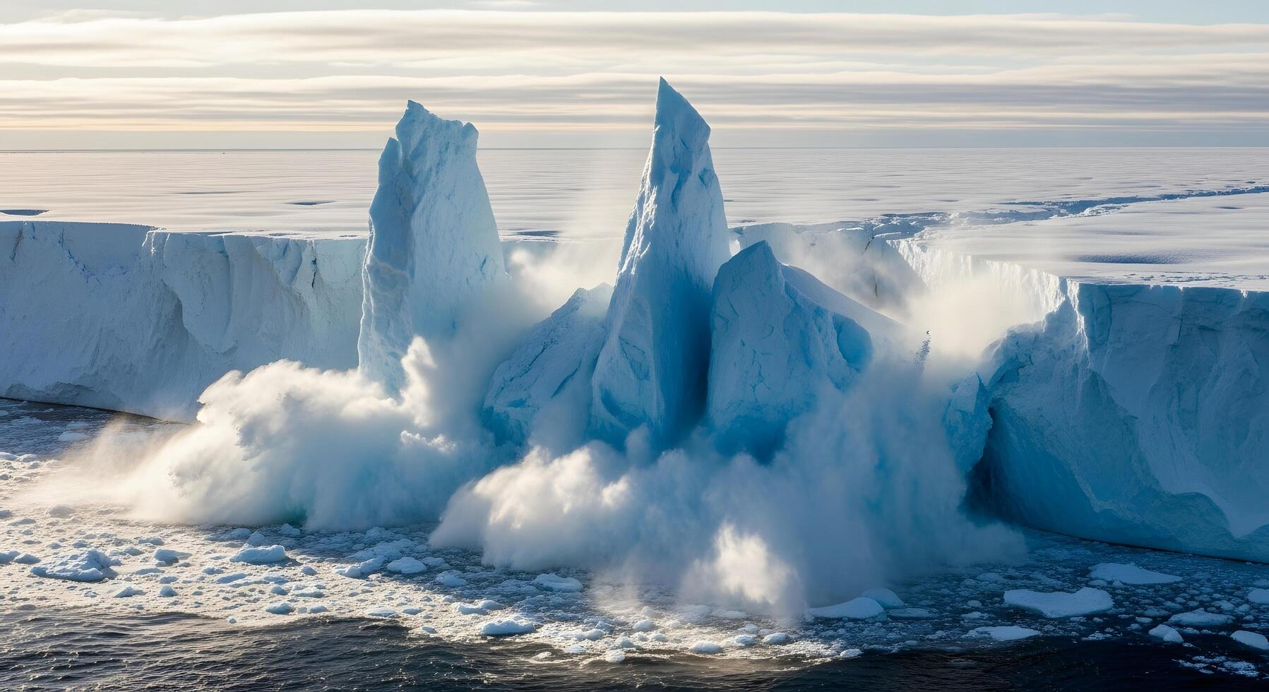 Dramatic Calving Event Towering Iceberg Collapses into the Ocean Creating Massive Splash and Waves photo