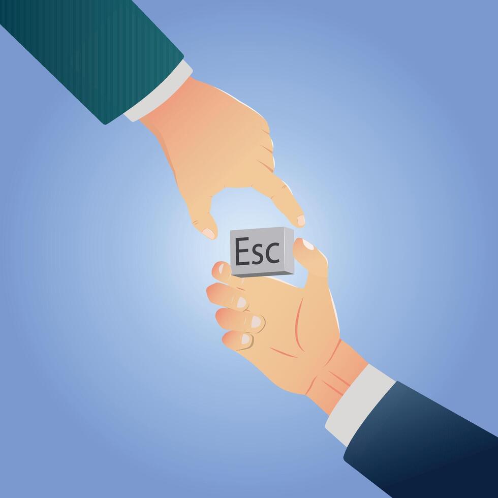 A creative illustration showing two hands interacting with a computer keyboard Esc or Escape key vector