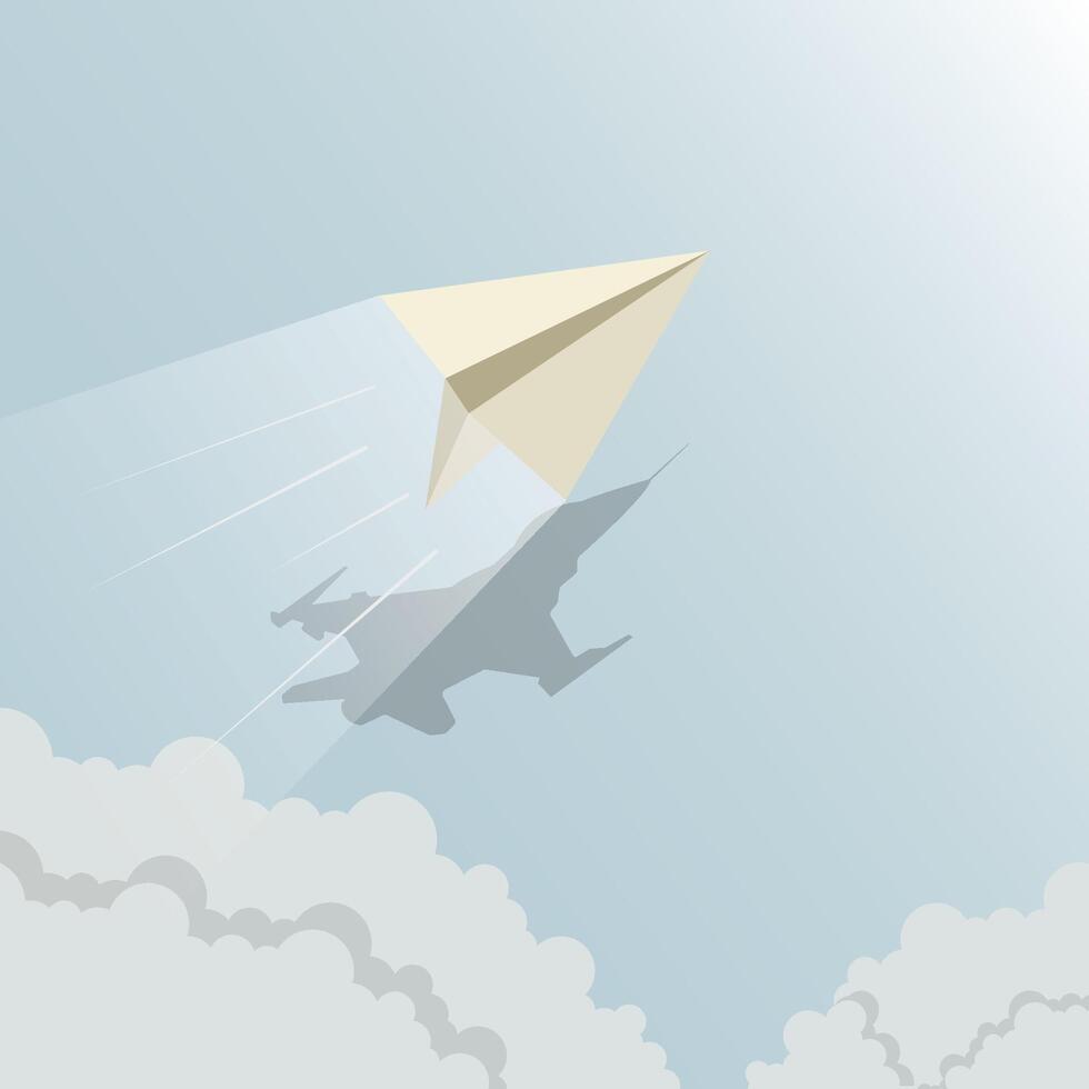 Illustration of a paper airplane flying high above the clouds with the shadow of a fighter jet beneath it vector