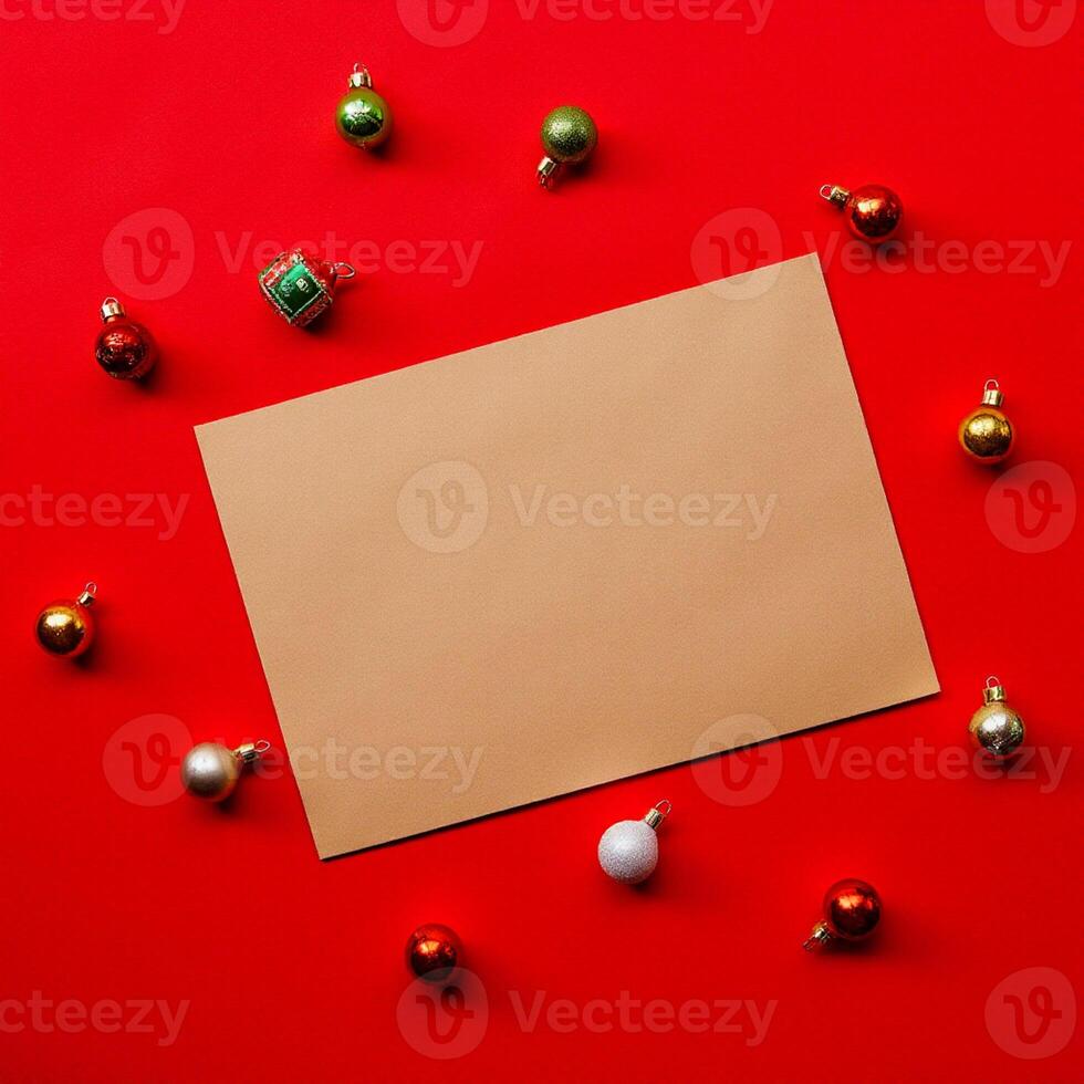 Christmas stationery mockup with ample copy space surrounded by a dense array of shiny ornaments photo