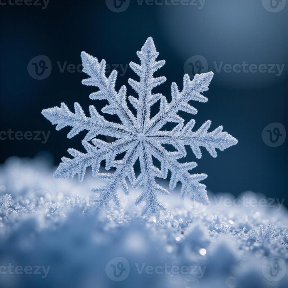 Macro image of the ice crystal showcasing its complex structure and precise fractal pattern in blue light photo