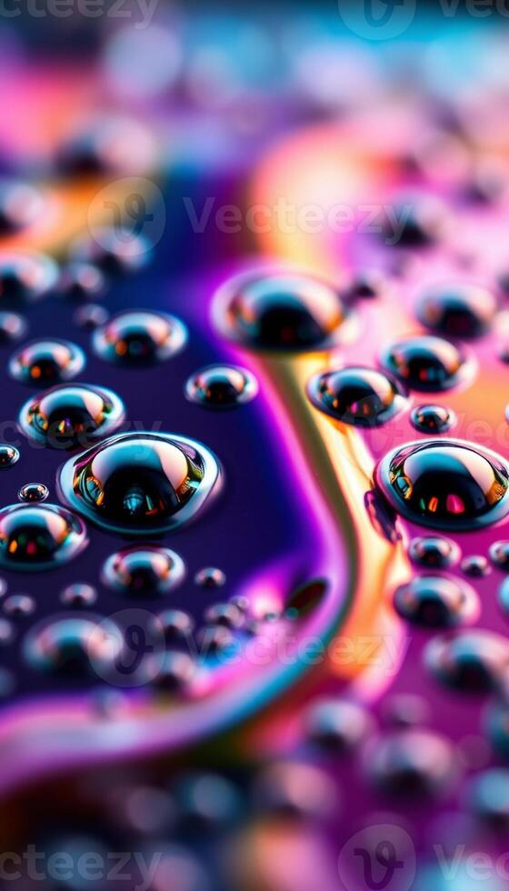 Macro view of clustered liquid droplets creating a vertical psychedelic iridescent color spectrum photo