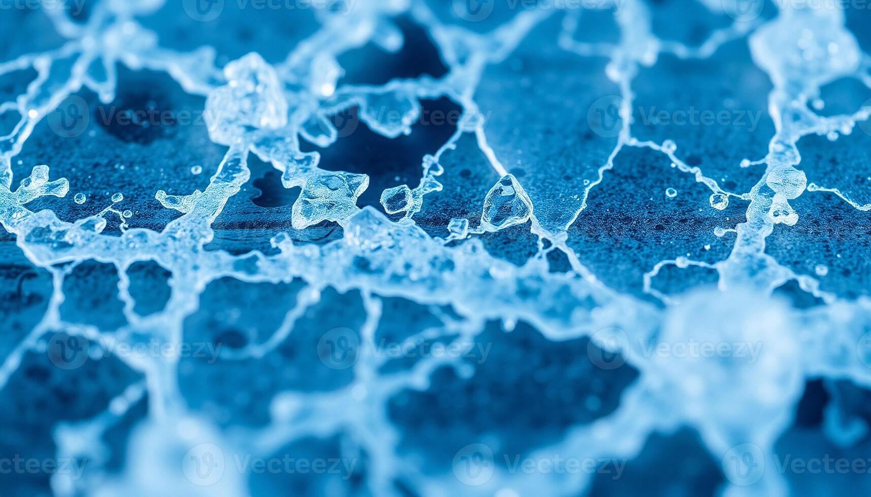 Macro view of a shattered ice surface showing intricate crack patterns and clear crystalline shards photo