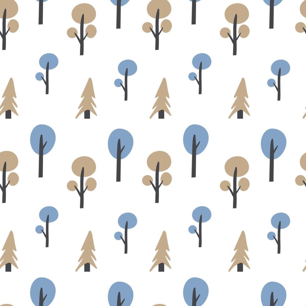 Seamless pattern of trees in a flat, minimalistic style on a white background. vector