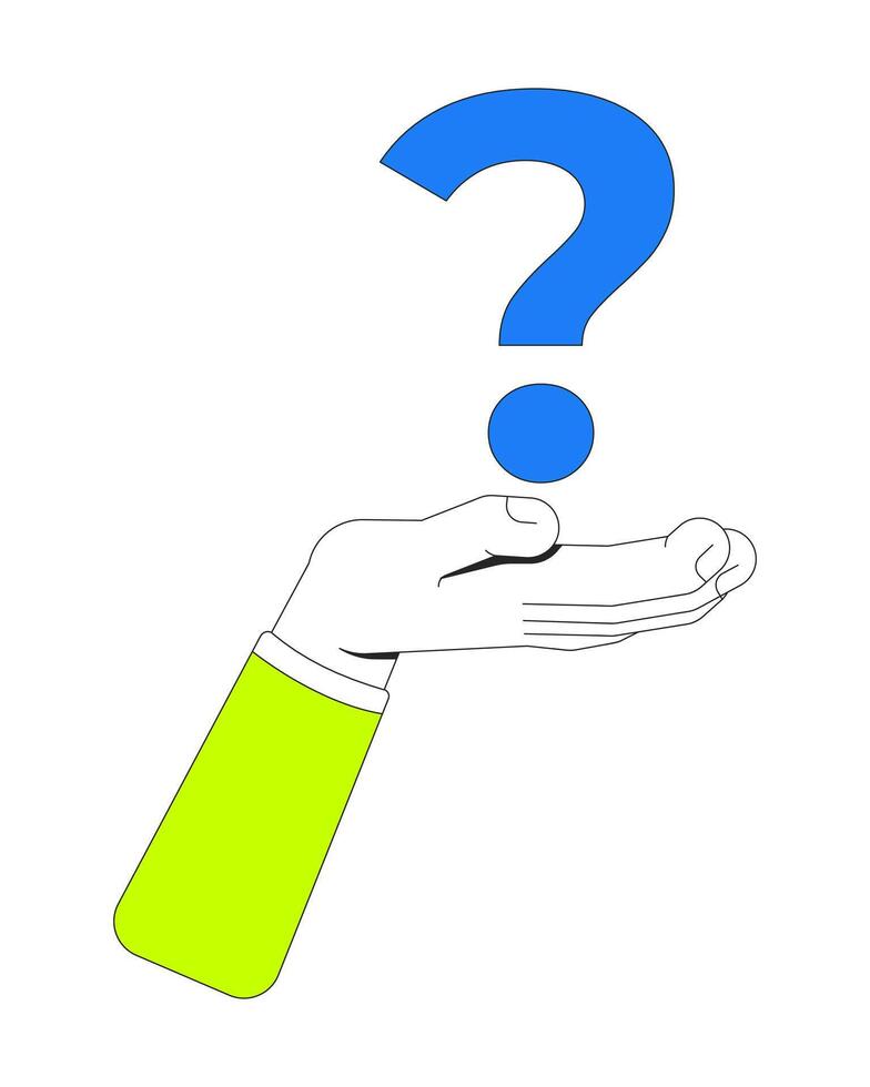 Human hand holding floating question mark illustration. Brainstorming problem solving. Doubt symbol. Ask inquiry 2D cartoon image isolated on white. Editable flat clipart colorful vector