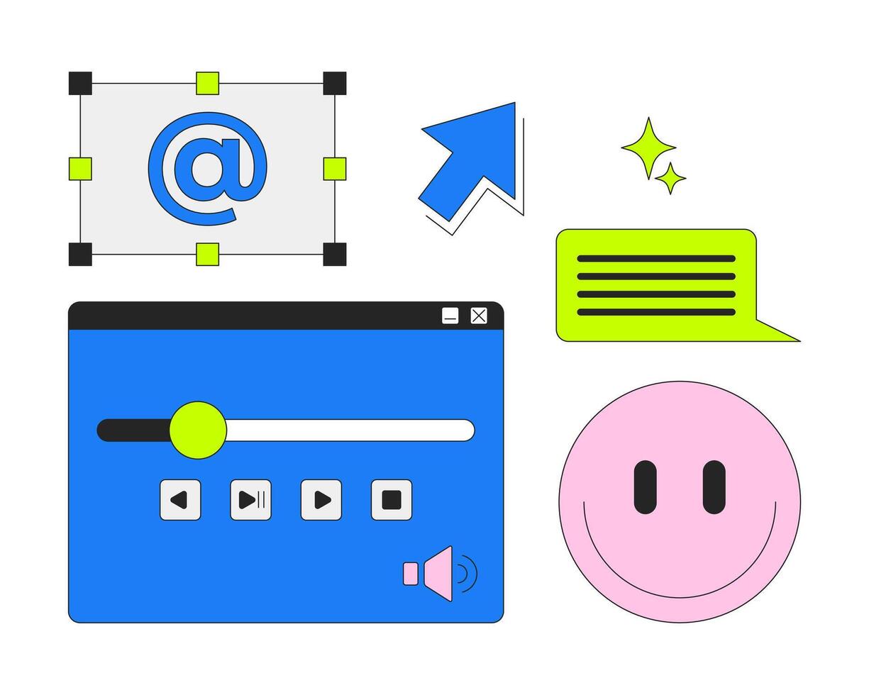 Digital interface controls and emoji 2D cartoon objects set. Smile face. Cursor, message box. Media playback buttons isolated elements flat clip arts on white. Spot illustrations collection vector