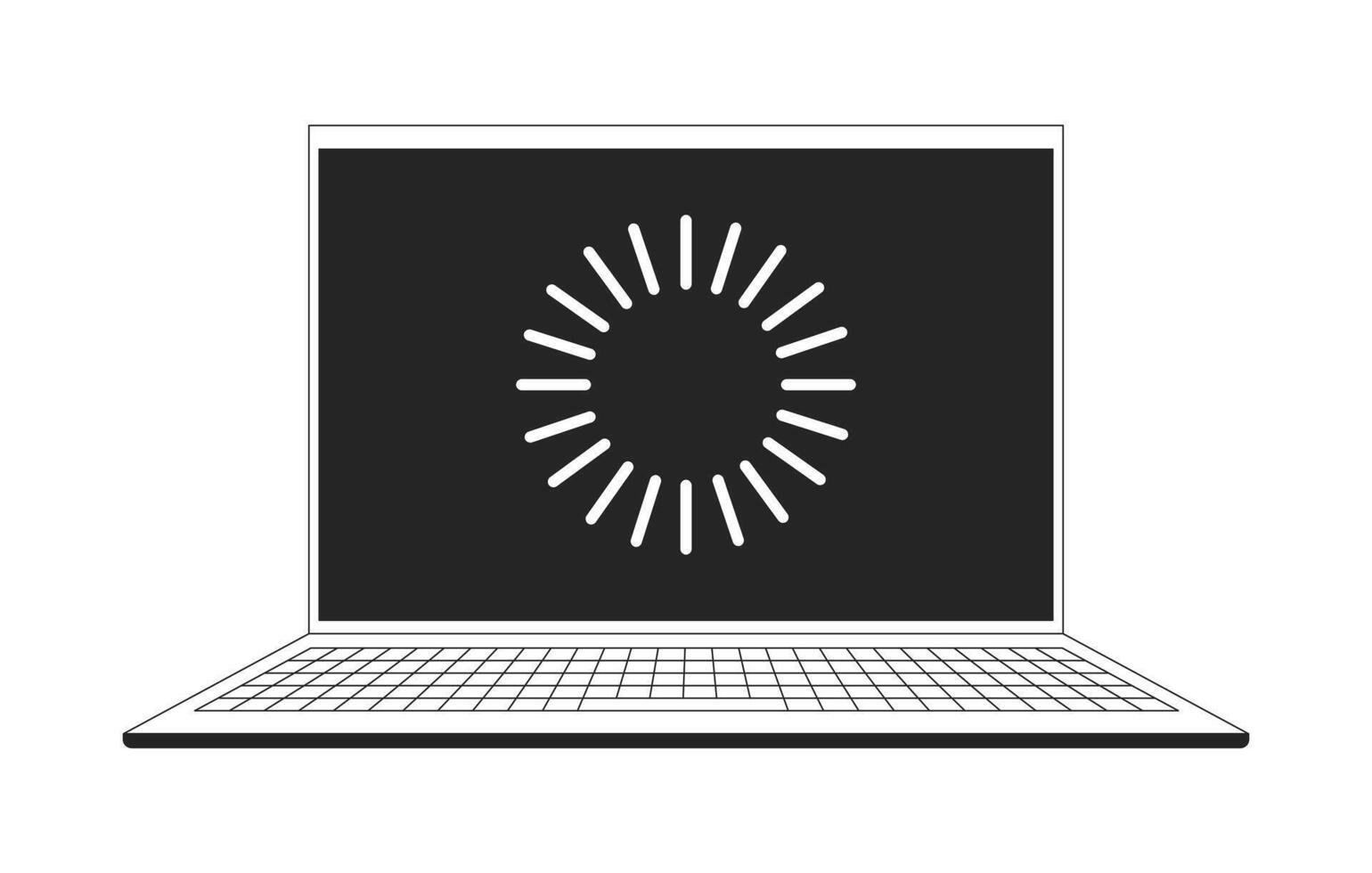 Open laptop with loading screen 2D line object. Slow internet buffering notebook. Tech wait UI loader. Device upgrade throbber isolated clipart ink outline item. Monochrome spot illustration vector