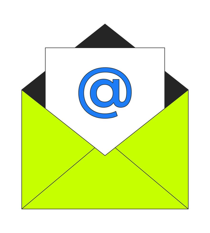 Open email envelope with at symbol 2D cartoon object. E-mail communicating, messaging. Electronic mail. Digital correspondence isolated element flat clip art on white. Spot illustration vector