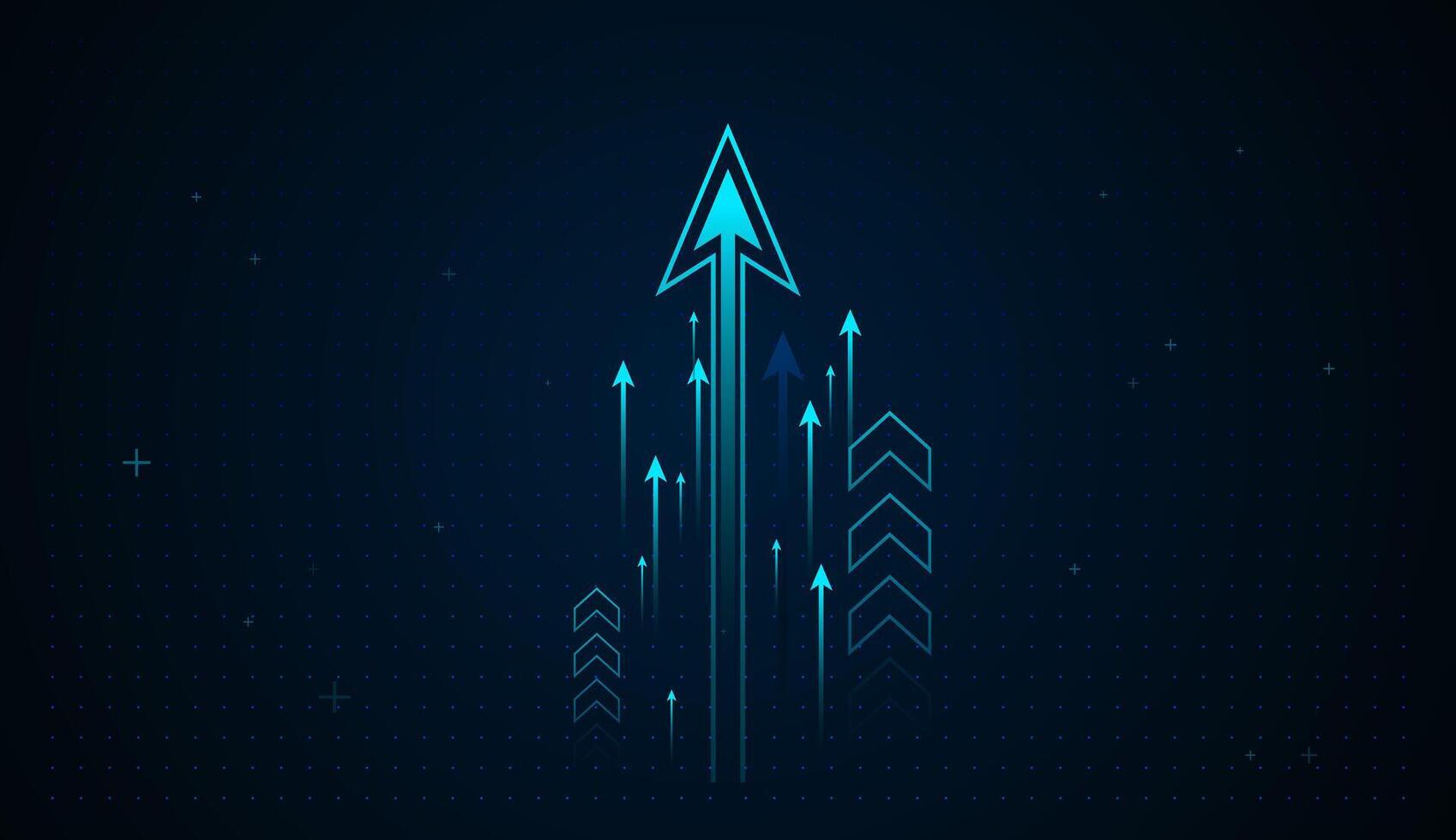 A futuristic neon-blue arrow rises sharply upward, surrounded by multiple glowing arrows that symbolize growth, acceleration, and forward-moving technological progress vector