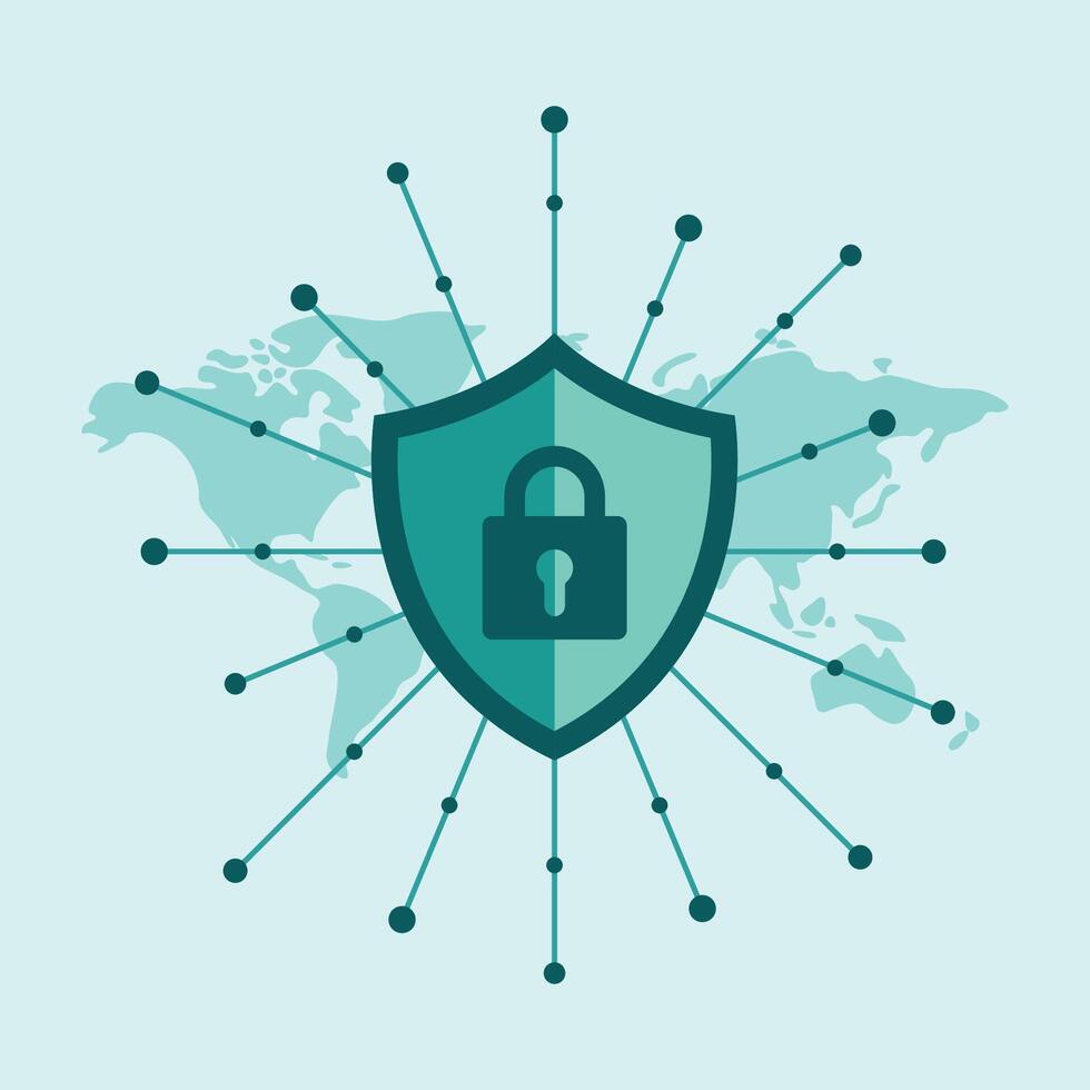 Cybersecurity shield with global data network vector