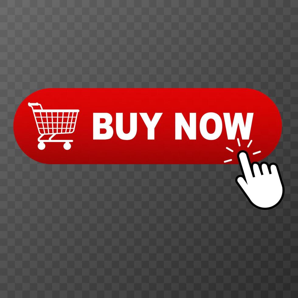 Buy Now button with hand cursor and shopping cart icon red interface element. illustration vector