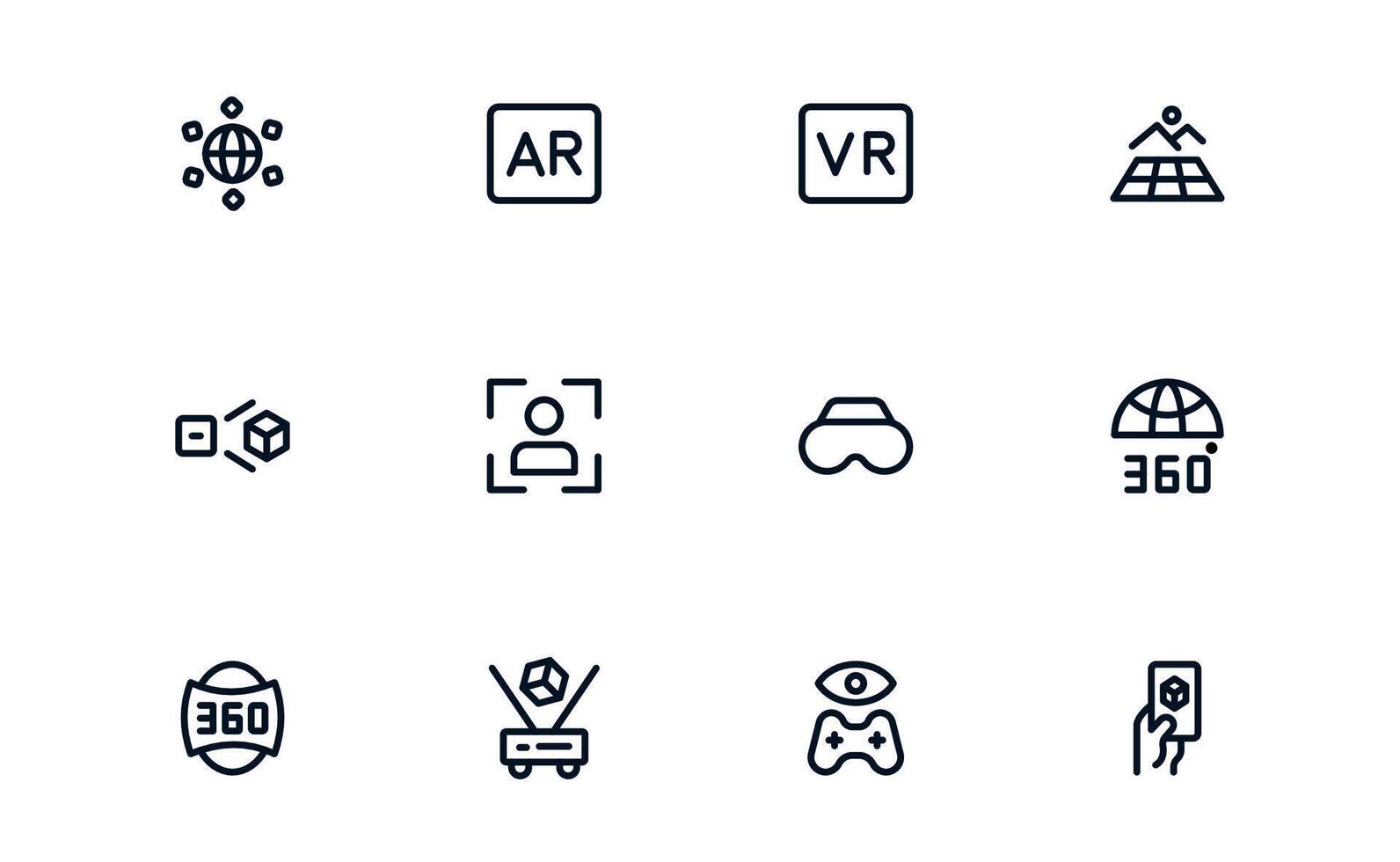 Virtual Reality and Metaverse Professional Line Icon collection. minimal collection illustrating immersive worlds, digital interaction, and advanced virtual interfaces. vector