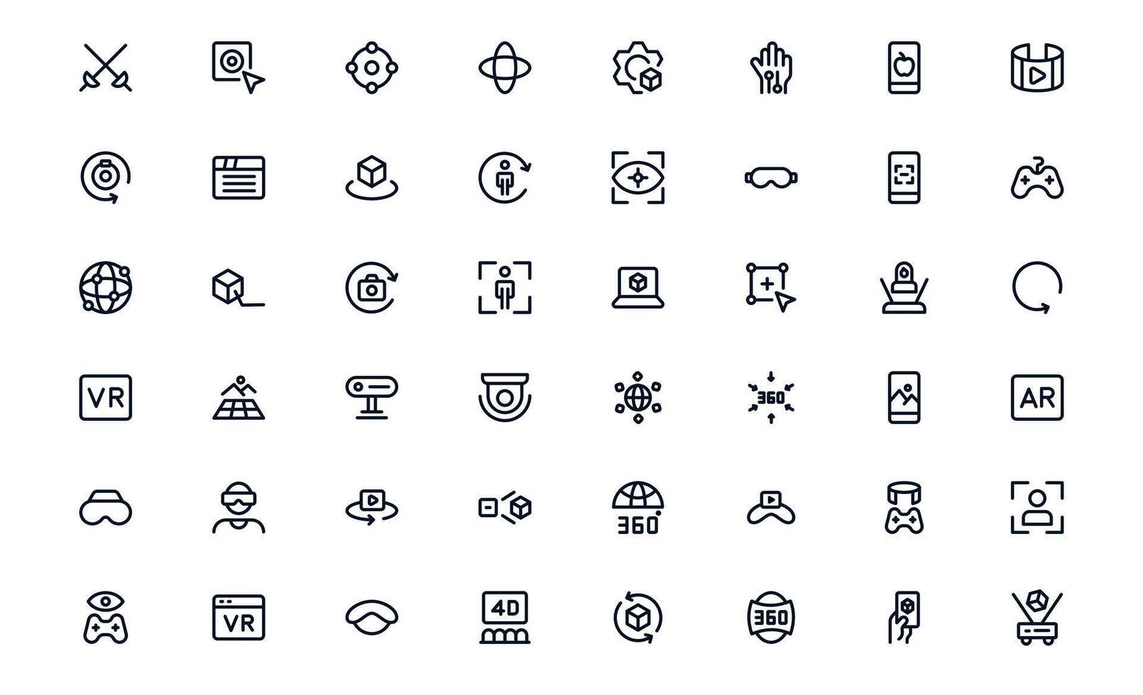 Virtual Reality and Metaverse Professional Line Icon bundle. Modern minimal collection illustrating immersive worlds, digital interaction, and advanced virtual interfaces. vector