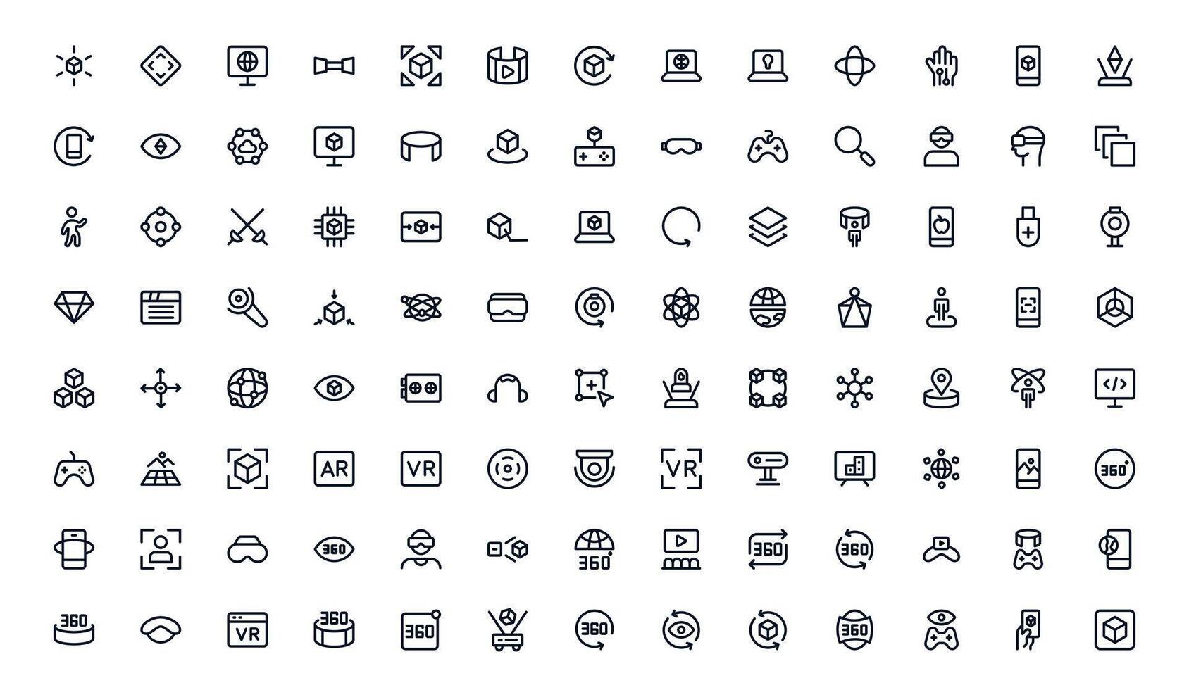 Virtual Reality and Metaverse Line Icon bundle. Modern minimal collection illustrating immersive worlds, digital interaction, and advanced virtual interfaces. vector