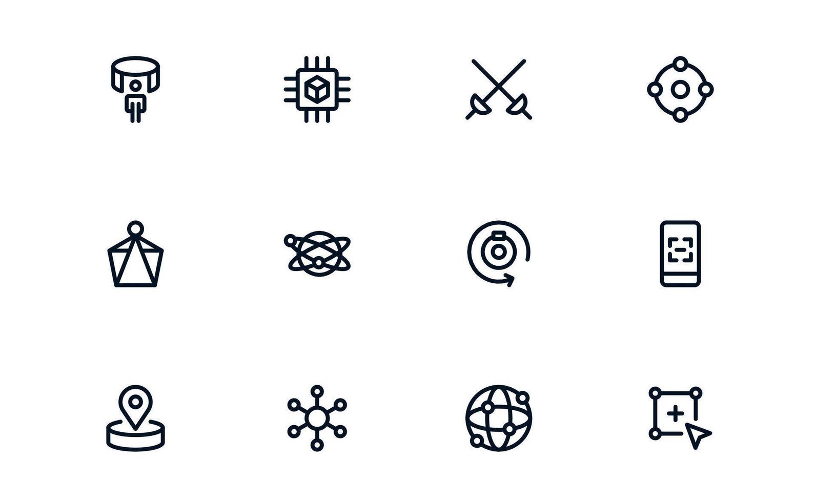 Virtual Reality and Metaverse Professional Line Icon pack. Modern minimal collection illustrating immersive worlds, digital interaction, and advanced virtual interfaces. vector