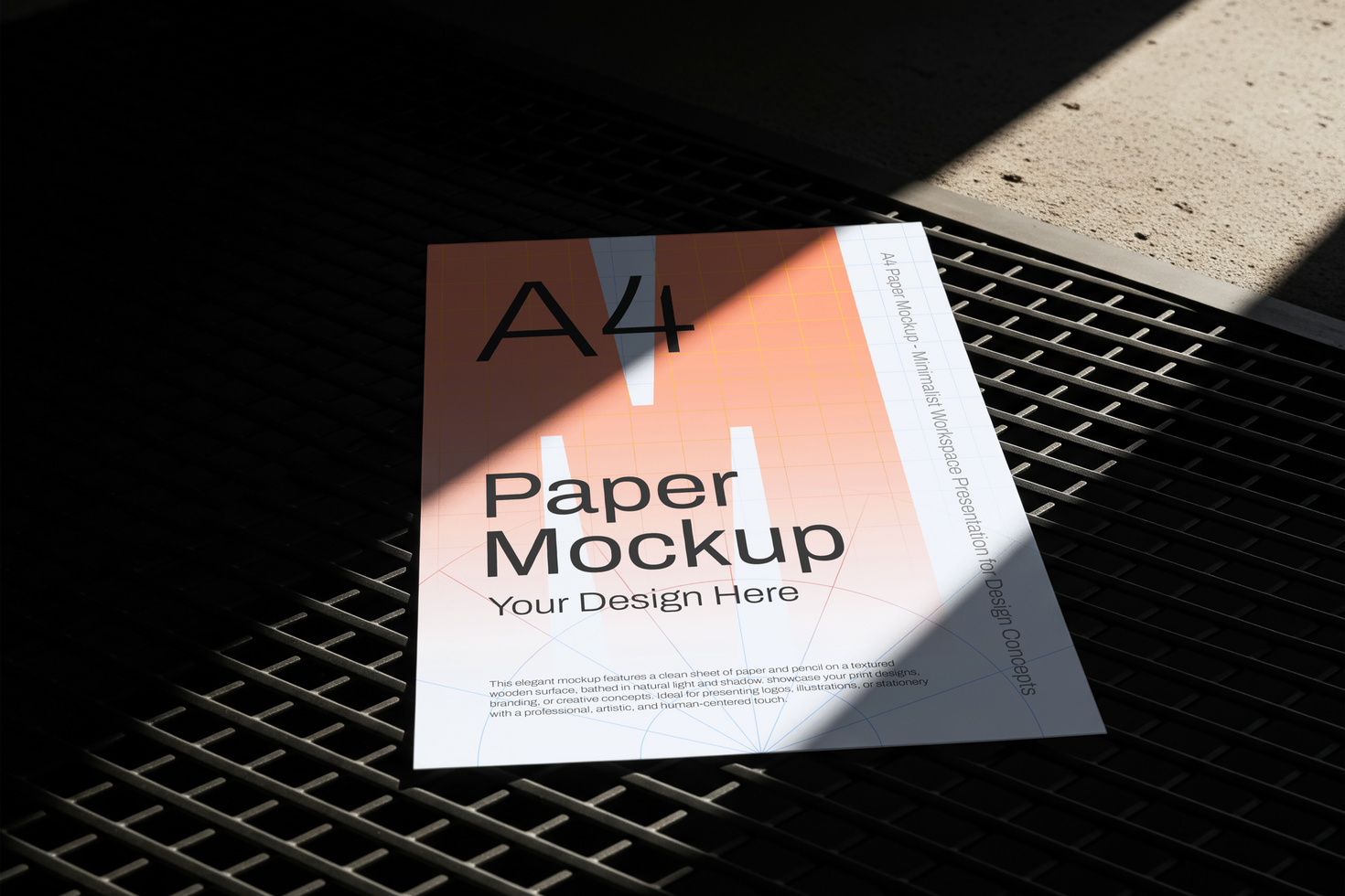 A4 Paper Mockup Displayed on Dark Metal Grate with Harsh Sunlight Creating High Contrast Shadow and Light Areas with White Background Surface on Top in Still Life Close Up Concept psd