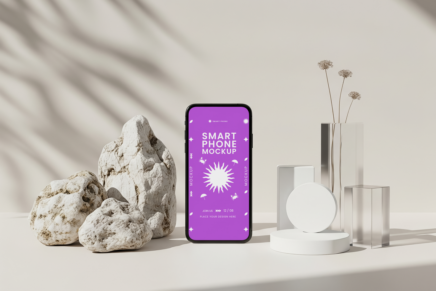 Phone Mockup Display with Rocks and Clear Blocks on Light Background with Shadow Patterns and White Podium for Advertisement Promotion psd