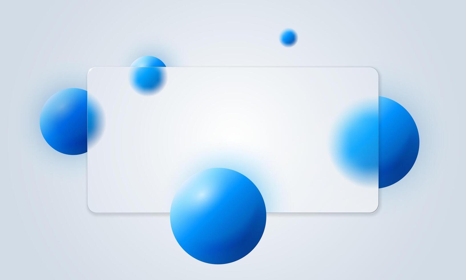 Abstract glassmorphism frame with gradient blur and floating 3D balls. Trendy glass morphism matte depth. Transparent rectangle panel. Stylish website mockup for tech banners and modern UI design vector
