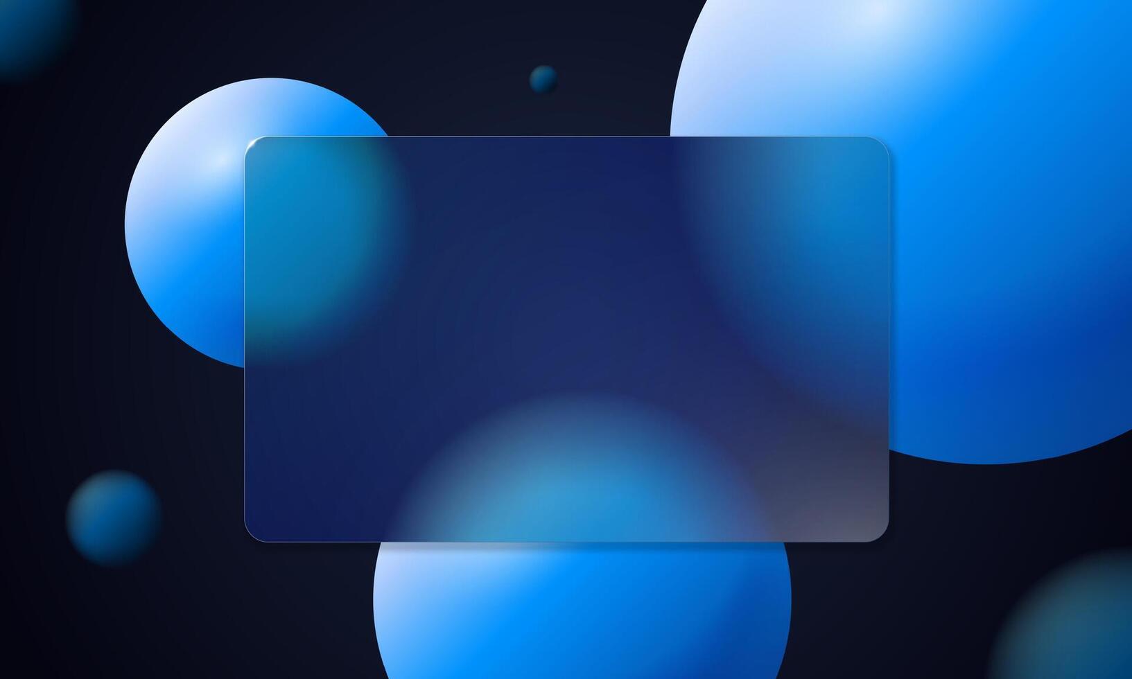 Modern glassmorphism card with glossy 3D spheres and subtle blur shines in clean blue palette. Transparent glass morphism panel and abstract shapes. Futuristic UI banner for web and app presentation. vector