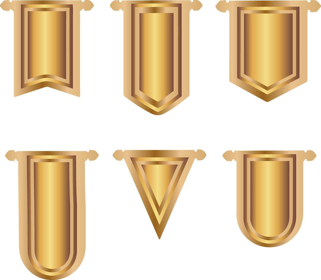 set of hanging flags templates of different shapes and sizes with a gold gradient, for branding, events or medieval style vector