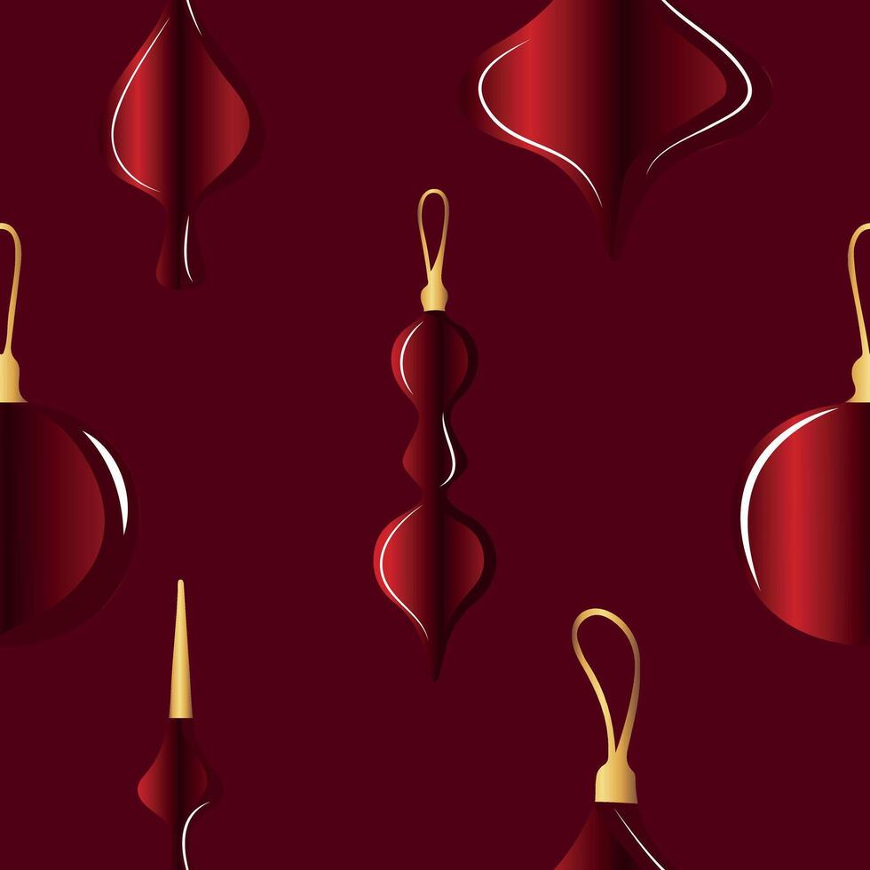 seamless pattern with Christmas tree toys of different sizes and shapes with a beautiful red gradient on a dark red background, for holiday printing, applications or textiles vector