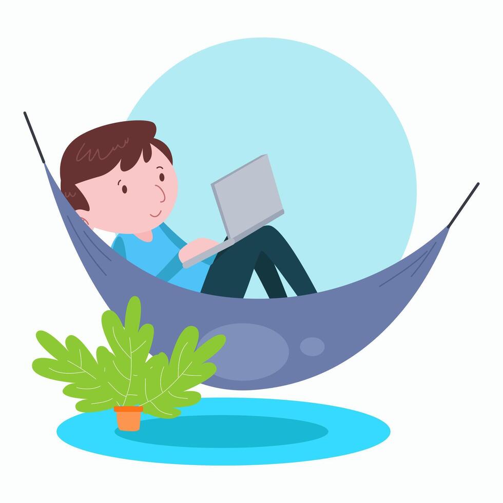 A man relaxes in a hammock while working on his laptop. This illustrates a serene and relaxed work style. vector